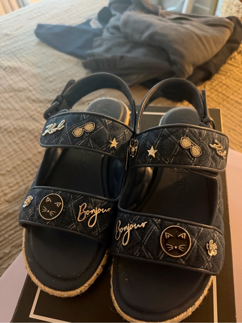 Quilted Black women Sandals with Decorative Pins